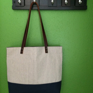 Large Tote Bag /// Classic Navy Stripes with Navy Canvas Bottom and Brown Buffalo Leather Straps