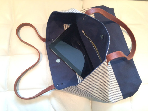Large Tote Bag /// Classic Navy Stripes with Navy Canvas Bottom and Brown Buffalo Leather Straps