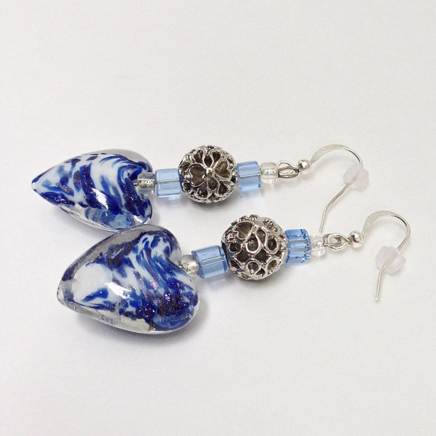 Heart Shape Beaded Drop Earrings, Blue & White Bead Dangle Earrin | aftcra