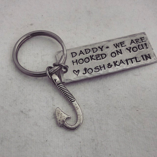 Men's Personalized Keychain - Personalized Hand Stamped Hooked On You Key Chain - Daddy We Are Hooked on You - Fish Keychain - FIshies