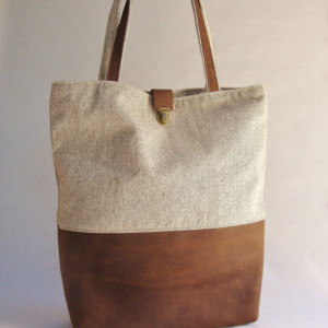 Leather and Tweed Canvas Tote