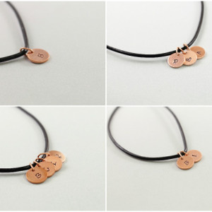 Three initial necklace for men; custom hand stamped copper mens necklace; black leather