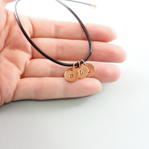 Three initial necklace for men; custom hand stamped copper mens necklace; black leather