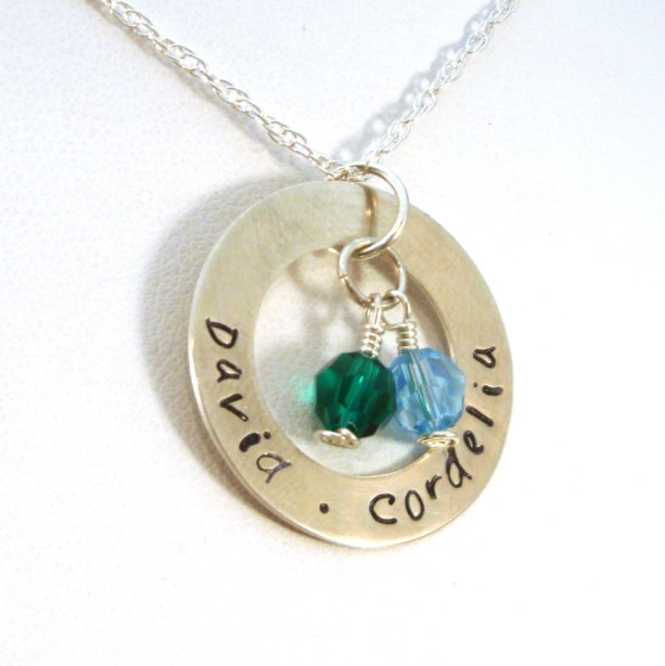 Personalized Mother's Necklace - Washer with 2 Birthstones