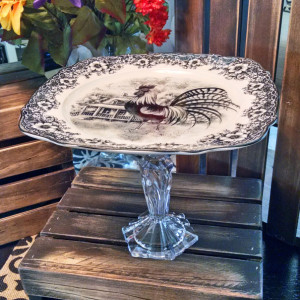French Country Romance! Shabby Chic 'Rooster' Cake Stand/Fine Porcelain w/Crystal Pedestal
