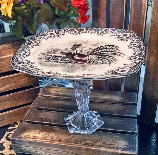 French Country Romance! Shabby Chic 'Rooster' Cake Stand/Fine Porcelain w/Crystal Pedestal