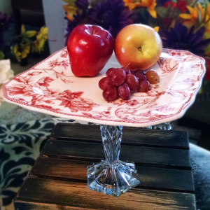  Venetian Red French Country Chic 11" Swallow Pedestal Cake Stand w/Cut Crystal Pedestal