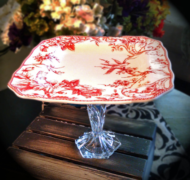  Venetian Red French Country Chic 11" Swallow Pedestal Cake Stand w/Cut Crystal Pedestal