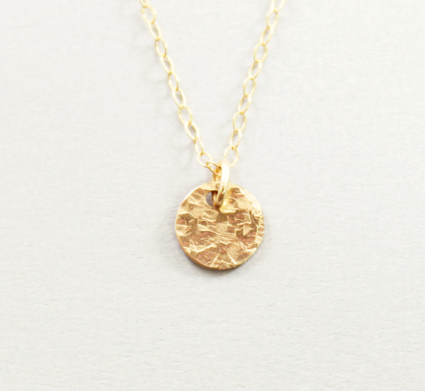 Dainty 14k gold filled charm necklace, hammered disc necklace,  simple