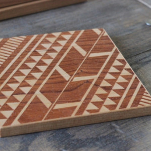 Tribal Aztec Pattern Modern Wooden Engraved Set of 4 Coasters