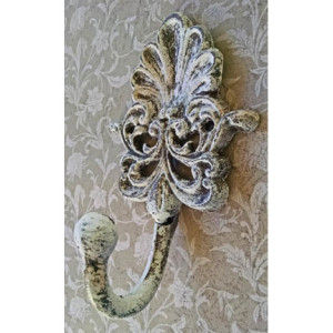 French Country / Shabby Chic Ornate White Forged Metal Wall Hook