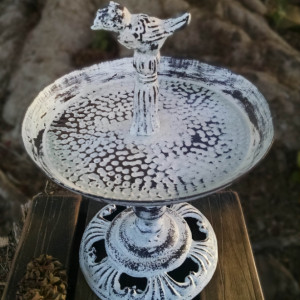 Shabby Chic White Distressed Serving Tray w/Scroll Work and Perching Swallow