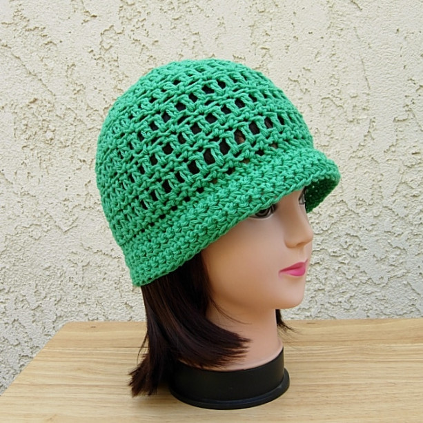 Solid Green Summer Beach Sun Hat with Brim, 100% Cotton Lacy Cloche, Women's Crochet Knit Beanie, Bucket Chemo Cap, Ready to Ship in 3 Days