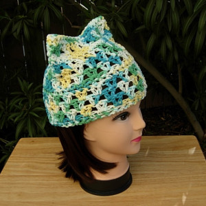 Women's Earth Day Pussy Cat Hat Green Blue Yellow White PussyHat Summer 100% Cotton Lightweight Women's Crochet Knit Beanie, Ready to Ship in 3 Days