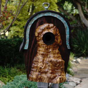 Original Barn Wood Bird House With Hand Carved Olive Wood Burl Entry and Patinated Copper, Unique Wedding Anniversary or House Warming Gift