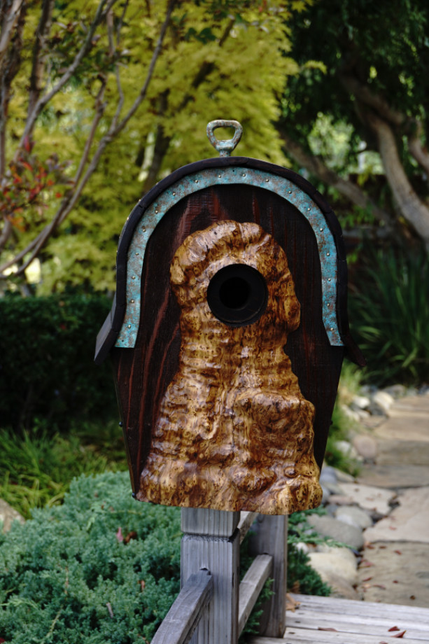 Original Barn Wood Bird House With Hand Carved Olive Wood Burl Entry and Patinated Copper, Unique Wedding Anniversary or House Warming Gift