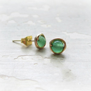 Aventurine Stud Earrings, Gold Wire Wrap Studs, Little Studs, Hypoallergenic, Gold Filled Posts, Green Stud Earrings, Contempo Jewelry