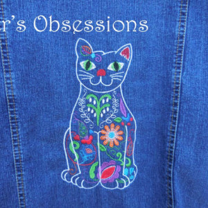 Women's Denim Jacket with Embroidered Mexican Style Floral Cat
