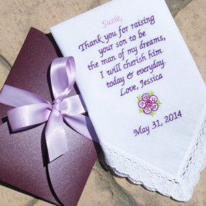 Embroidered Wedding Handkerchief for Mother of the Groom! FREE GIFT CASES with each Hankerchief!!