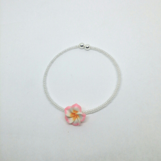 Pearl White Seed Beads with Pink and White Flower Cuff Bracelet