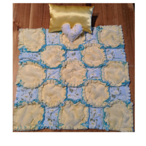 American Girl Doll Rag Quilt with Matching Pillows Handmade, Yellow, White, and Blue