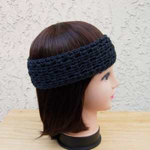 Women's Solid Off Black Summer Headband, Lightweight 100% Cotton Lacy Lace Crochet Knit Boho Simple Basic Head Band, Ready to Ship in 2 Days