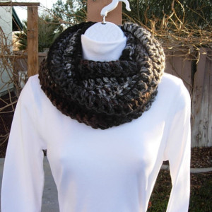 INFINITY SCARF Loop Cowl Black, Brown, Gray, & Off White Stripes, Extra Soft 100% Acrylic Crochet Knit Striped Winter Wide Circle Wrap, Ready to Ship in 3 Days
