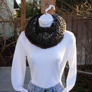 INFINITY SCARF Loop Cowl Black, Brown, Gray, & Off White Stripes, Extra Soft 100% Acrylic Crochet Knit Striped Winter Wide Circle Wrap, Ready to Ship in 3 Days