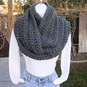 Women's Large INFINITY SCARF Loop Cowl, Solid Charcoal Grey Gray, Big Wide Soft Winter Soft Crochet Knit, Bulky Wrap, Ready to Ship in 3 - 5 Days