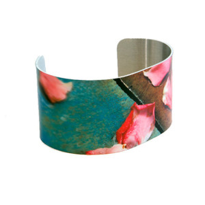 Photo cuff bracelet, aluminum, Pretty Patio Petals, fine art for wrist, HueDew