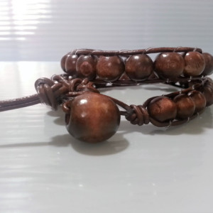 Men's Wooden Bead and Leather Wrap Bracelet