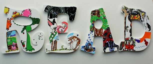 Book Letters -- Hand painted letters depicting a combination of your favorite literary characters in a bright, fun way! Price per letter