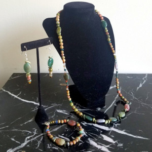 Handmade Agate Jasper Ukanite Green Moss Matinee Necklace Bracelet Earrings Set