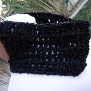 SUMMER COWL SCARF Solid Black, Small Short Infinity Loop, Handmade Crochet Knit Soft Lightweight Spring Neck Warmer..Ready to Ship in 2 Days