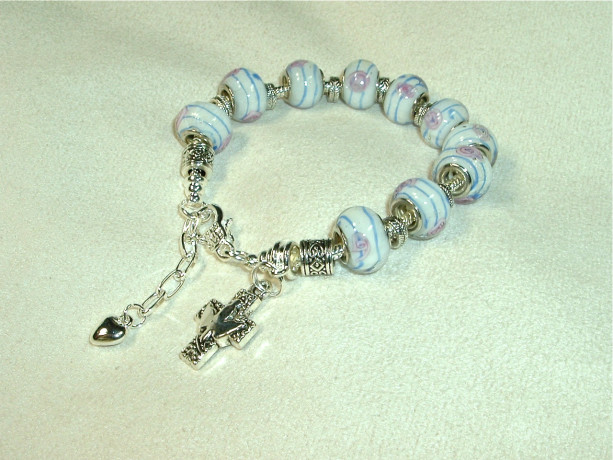 One Decade European Style Rosary Bracelet, Pink Blue Beads