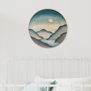 Round Sun Mountain Lake Wood Wall Art | Blue Boho Wooden Wall Hanging | Circle Wall Decor for Nursery Collage