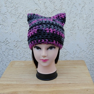 Raspberry Pink, Gray, Black Striped Pussy Cat Hat, PussyHat, Soft 100% Acrylic Handmade Crochet Knit Winter Beanie, Protest March Women's Rights Nasty Woman, Ready to Ship in 3 Days