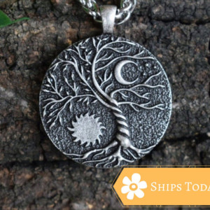 Handcrafted Iron Tree of Life Pendant - Man Necklace, Sun Necklace, Woman Necklace, Sun and Moon