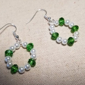 Beaded Bracelet and Earring Set - Green and Pearl