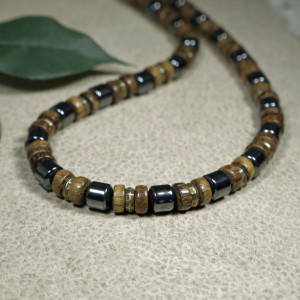 Free Shipping - Handmade Men’s Hematite and Wood Beaded Necklace – 16 inch