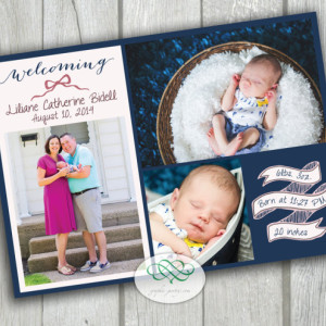 Navy & Pink New Baby Birth Annoucement - Custom Photos and Text 5 x7 Printable PDF