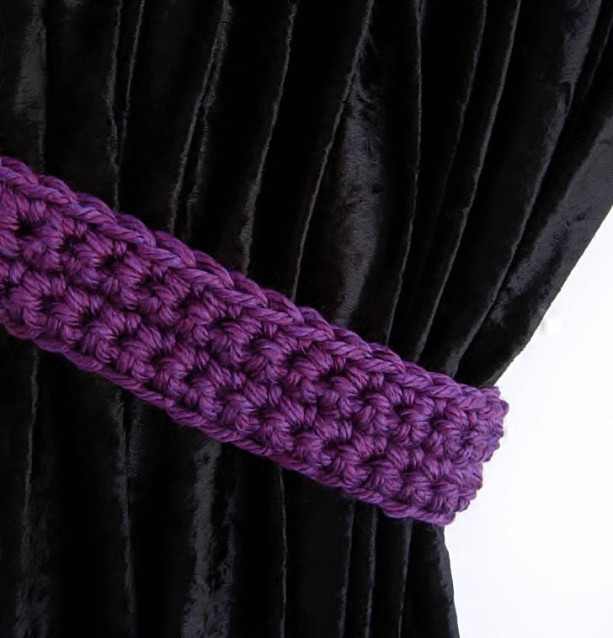 Curtain Tiebacks Set, Curtain Tie Backs, One Pair Solid Dark Purple Holdbacks, Simple Drapery Drapes Holders, Thick Crochet Knit..Ready to Ship in 3 Days, Customizable
