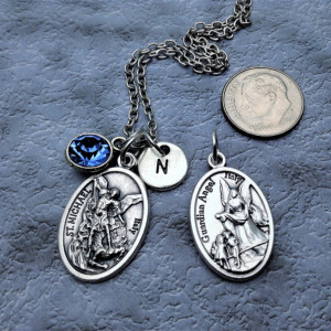 Personalized Silver Plated Saint Michael and Guardian Angel Necklace
