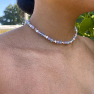 Blue and Pink Jade, Freshwater Pearl Beaded Necklace