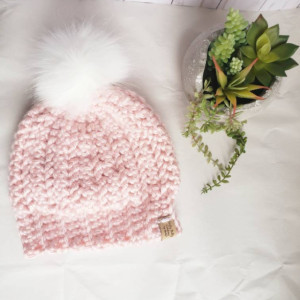 Ready to ship! Soft bulky knit beanie! Handmade crochet beanie/ hat faux fur pom, white pom pom, removeable pom pom perfect valentine's day