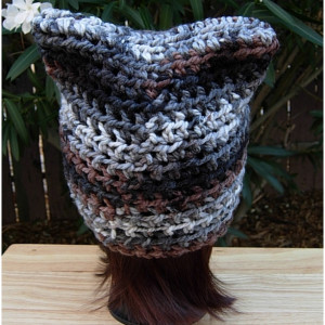 Women's Gray, Black, Brown, Off White Striped Pussy Cat Hat with Ears Soft Crochet Knit Winter Beanie, Cosplay, Girl Cat, Ready to Ship in 3 Days