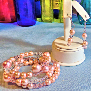 Pink Pearl and Crystal Bracelet and Earrings Set