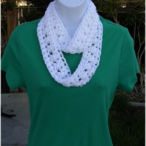SUMMER SCARF Small Infinity Loop Solid White, Super Soft Lightweight Crochet Knit Endless Circle Neck Skinny Cowl, Ready to Ship in 3 days