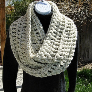 INFINITY SCARF Loop Cowl Off White with Black, Color Options, Bulky Soft Wool & Acrylic Blend Crochet Knit Winter Neck Warmer..Ready to Ship in 3 Days