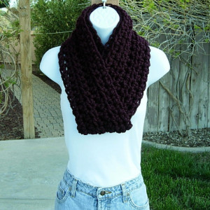 COWL SCARF Infinity Loop Solid Dark Eggplant Purple, Thick, Soft Wool Blend Crochet Knit Winter Circle, Neck Warmer..Ready to Ship in 3 Days